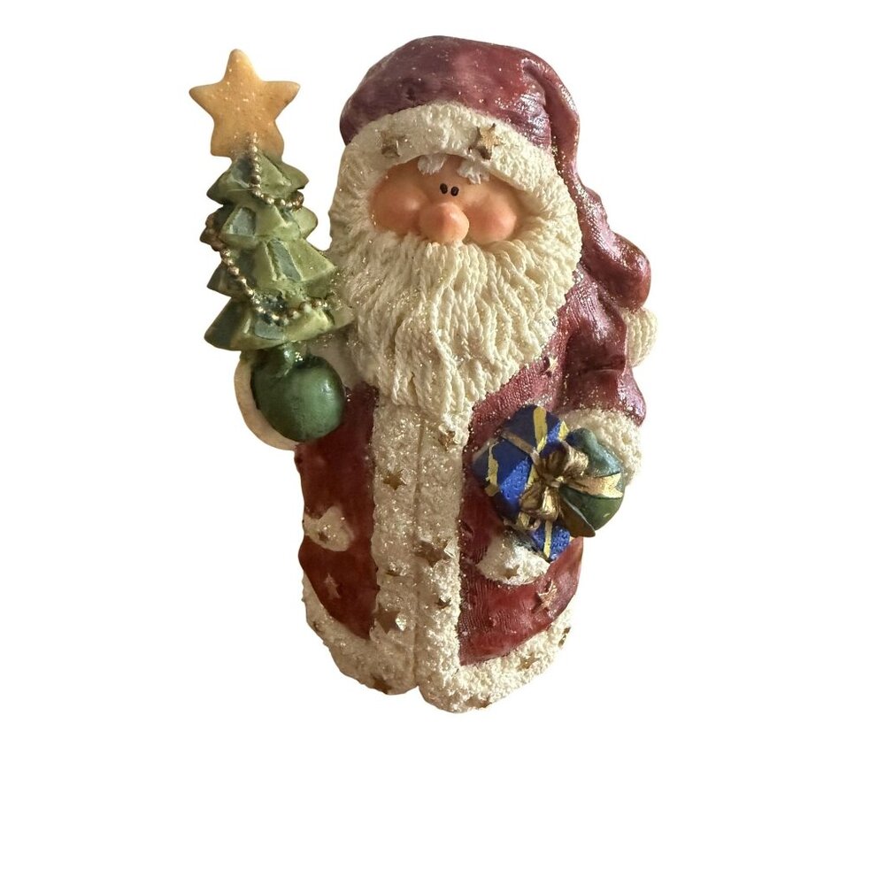 Vtg Home Interiors Santa Figurine Holding Tree & Gift 2002 Handcrafted 5" Tall